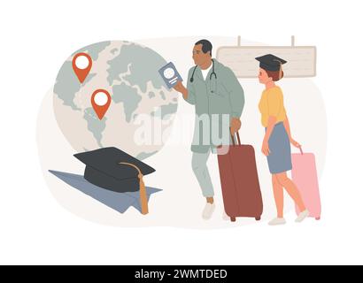 Brain Drain isolierte Konzeptvektorillustration. Abwanderung qualifizierter Menschen, ausgebildeter Arbeitnehmer, Flucht des Humankapitals, Geschäftsstart, Mann mit Koffer, Vektorkonzept für Land verlassen. Stock Vektor