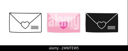 Symbolgruppe für Briefumschlag. Zeichentrick-E-Mail-Symbol Post Buchstaben und Kritzele, Stempel stilisiertes Symbol. Einfaches Design-Schild für Grußkarte Einladung, Banner, Tattoo. Netter abstrakter Hand gezeichneter linearer Postvektor Stock Vektor