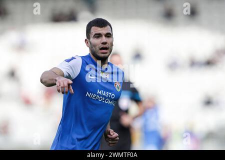 Krakau, Polen. Februar 2024. Roman Jakuba von Puszcza Niepolomice wurde während des Polnischen PKO Ekstraklasa League 2023/2024 zwischen Puszcza Niepolomice und Zaglebie Lubin im Cracovia Stadion beobachtet. Endpunktzahl: Puszcza Niepolomice 2:2 Zaglebie Lubin. Quelle: SOPA Images Limited/Alamy Live News Stockfoto