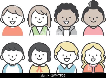 Ein Illustrationsset von Kindern aus verschiedenen Ländern der Welt. Oberkörper mit lächelndem Ausdruck. Einfache und niedliche Charakterdarstellung. Stock Vektor