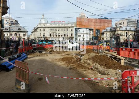 Bukarest, Rumänien - 27. Februar 2024: Reparaturstelle für Versorgungseinrichtungen und Infrastrukturanlagen entlang des D.I. Mendeleev Straße. Quelle: Lucian Alecu/Alamy Live Stockfoto