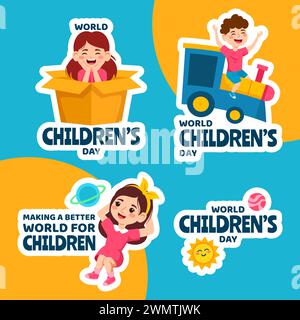 Kinder Tag Etikett Flat Cartoon Hand Gezeichnete Vorlagen Hintergrund Illustration Stock Vektor