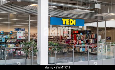 Nitra, Slowakei - 24. Februar 2024: Tedi Shop Schild. Markenlogo. Tedi ist eine europäische Kette von Discounter. Stockfoto