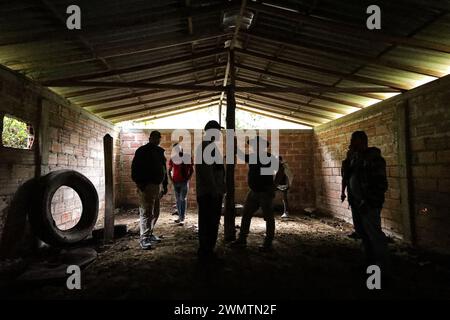 Bogota, Kolumbien. Februar 2024. Bewohner und Friedensunterzeichner der Gemeinde Palmitas, Antioquia, arbeiten am 25. Februar 2024 an der Anpassung des Landes für territoriale Verteidigung und Einheit der Gemeinschaft. Foto: Juan J. Eraso Credit: Long Visual Press/Alamy Live News Stockfoto