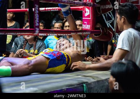 Koh Chang, Thailand. Februar 2024. Der thailändische Boxer Petch Si Nel in der Mitte sah, wie er versuchte, nach einem K.O. aufzustehen, beobachtet vom Publikum während der wöchentlichen Muay Thai Fights Show, die von der Koh Chang Fight School auf Koh Chang Island organisiert wurde. Das Spiel zwischen Frame Payak und Petch Si Nel im Thai-Boxen gewann Frame Payak durch Knockout. (Foto: Nathalie Jamois/SOPA Images/SIPA USA) Credit: SIPA USA/Alamy Live News Stockfoto