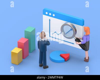 Personenzeichen, die mit Data Visualization arbeiten. Mann und Frau analysieren Tabellen, Diagramme und Diagramme im Business Dashboard. Digitale Datenanalyse Konz Stockfoto