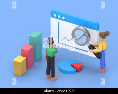 Personenzeichen, die mit Data Visualization arbeiten. Mann und Frau analysieren Tabellen, Diagramme und Diagramme im Business Dashboard. Digitale Datenanalyse Konz Stockfoto