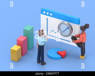 Personenzeichen, die mit Data Visualization arbeiten. Mann und Frau analysieren Tabellen, Diagramme und Diagramme im Business Dashboard. Digitale Datenanalyse Konz Stockfoto