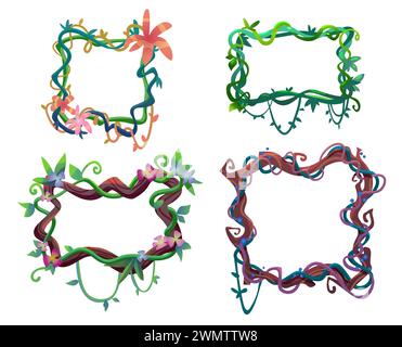 Rahmen aus Lianenrebe mit Blättern und Blüten. Cartoon-Vektor-Satz von Grenzen von Dschungelpflanzenzweigen. Kriechende, hängende Regenwaldbaumvegetation in Form von rechteckigem Kasten und Abzeichen. Stock Vektor