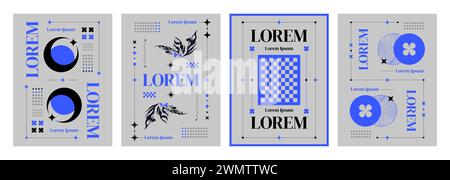 Einfaches graues Posterdesign mit Gitter und abstrakten geometrischen Formen und Aufklebern der Neo Tribal. Vektorsatz von Banner oder Cover-Vorlage im y2k-Stil mit Cyber-ästhetischem Dekornament und Text. Stock Vektor