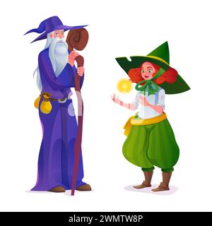 Altweiser männlicher Druide in violetter Kapuze und Hut mit langem grauen Bart und Holzstab, der mit jungen roten Haaren im grünen Kostüm steht, mit glühender Zauberkugel in den Händen. Zeichentrickvektor-Spiel-ui-Charaktere. Stock Vektor