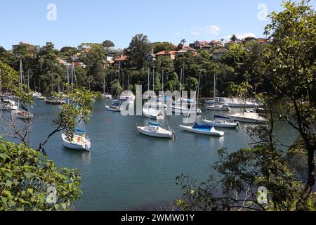 Blick über die Mosman Bay in Richtung Mosman vom Cremorne Point an Sydneys unterer Nordküste. Stockfoto