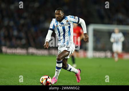 San Sebastian, Spanien. Februar 2024. Sheraldo Becker (Sociedad) Fußball/Fußball : spanische Copa del Rey Halbfinale 2. Legspiel zwischen Real Sociedad 1 (PK 4-5) 1 RCD Mallorca in der reale Arena in San Sebastian, Spanien. Quelle: Mutsu Kawamori/AFLO/Alamy Live News Stockfoto