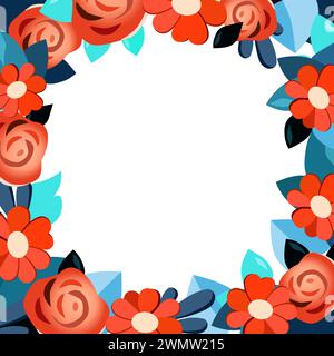Vektor Quadratischer Rahmen von handgezeichneten Blumen für Wörter und Text. Isolierte rote blaue Vignette mit Kamille und Rosen für Design, Comics und flache Banner Stock Vektor