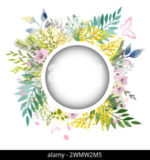 Gelbe Mimosa, Blüten gelber Flecken, Spritzer. Frühlingskranz der hellsten gelben Blumen. Hallo Frühling Stock Vektor