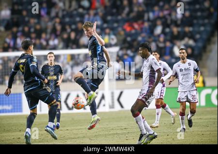 Chester, Pennsylvania, USA. Februar 2024. 27. Februar 2024, Chester PA, USA: Philadelphia Union Spieler in Aktion während des Spiels gegen Deportivo Saprissa Spieler bei der 1. Runde des CONCACACAF Champions Cup 2024 im Subaru Park. Die Union gewann in Summe Punkte, um in das Achtelfinale zu gelangen. Credit Image: © Ricky Fitchett Via ZUMA Wire (Credit Image: © Ricky Fitchett/ZUMA Press Wire) NUR REDAKTIONELLE VERWENDUNG! Nicht für kommerzielle ZWECKE! Stockfoto