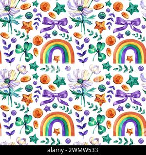 St. Patricks Day Seamless Pattern auf grünem Hintergrund: klee, Münzen, Regenbogen. Handgezeichnete Aquarellillustration. Für Papier, Textilien, Verpackungen Stockfoto