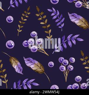 Nahtloses Muster von Aquarellblättern Lila und Flieder, Ferns, Blütenblättern und Beeren Stockfoto