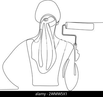 Durchgehende einzeilige Zeichnung der Malerin Frau, die eine Malerwalze auf weißem Hintergrund hält und zur Seite schaut, um die minimale Kontur Ihres Designs zu erhalten. Vektoril Stock Vektor
