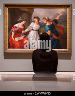 Royal Academy of Arts, London, Großbritannien. Februar 2024. Angelica Kauffman (1741–1807) war eine der berühmtesten Künstler des 18. Jahrhunderts und Gründungsmitglied der Royal Academy. Die Ausstellung vereint ihre historischen Gemälde, Porträts, darunter einige ihrer besten Selbstporträts, und ihre gefeierten Deckengemälde. Es umfasst eine Reihe wichtiger internationaler Darlehen, von denen viele im Vereinigten Königreich noch nicht gesehen wurden. Die Ausstellung findet vom 1. März bis zum 30. Juni 2024 statt. Bild: Angelica Kauffman RA. Selbstporträt des Künstlers, der zwischen Musik und Malerei zögernd ist Stockfoto