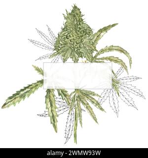 Aquarell medizinische Cannabis Rahmen Illustration, Marihuana Blätter Grenze Clipart, handgemalt natürliche therapeutische Droge Kranz Clip Art, medizinische Pflanze Stockfoto