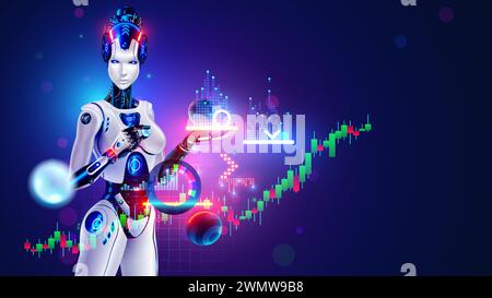 Roboter-KI-Trader, die Diagramme des Börsenmarktes analysieren. Frau Roboterhändlerin auf dem Devisenmarkt. Automatisiertes KI-System für den Handel. Entwicklung von Bot-Tradern Stock Vektor