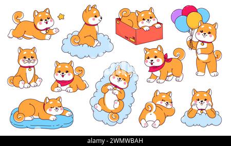 Cartoon Kawaii shiba inu Hund und Welpen Charaktere, niedliche Tiertiere Vektorfiguren. Lustige japanische Hunde schlafen und spielen mit Knochenspielzeug, Box, Ballons, Wolken, Stern. Happy shiba inu Welpen Set Stock Vektor