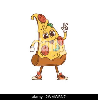 Cartoon Pizza Slice groovige Figur. Isolierte Vektor-Fast-Food-Persönlichkeit mit Peperoni-Topping, psychedelischem Lächeln und funky Käsetropfen, die Frieden zeigen, bringt Geschmack und Spaß auf jede Party Stock Vektor