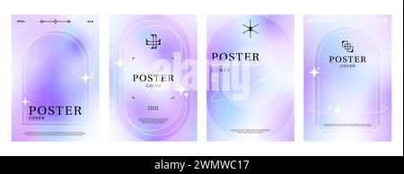y2k-Posterhintergrund mit abstrakten Formen. Moderne, ästhetische und trendige Vektorvorlagen mit minimalen, fließenden Stildesigns, holografischen lila Farben, geometrischen Figuren, Linien und Elementen Stock Vektor