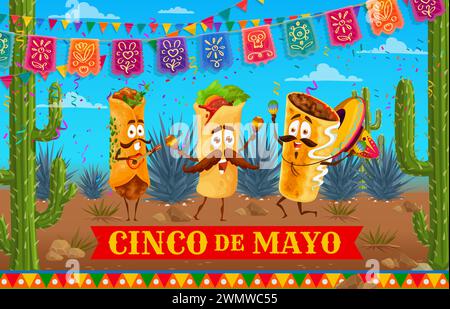 Mexikanische Burrito-, Enchilada- und Chimichanga-Essensfiguren auf der Weihnachtsfeier. Vektor-festliches Banner mit lustigen Tex-Persönlichkeiten tragen Mariachi Sombrero, die Maracas spielen, und Gitarre in dekorierter Wüste Stock Vektor