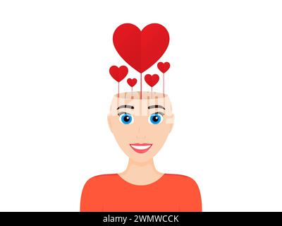 Psychische Gesundheit, Liebe im Verstand und Psychologiekonzept. Kopf mit Herzen. Positives Denken, gesunder Geist. Vektor Stock Vektor