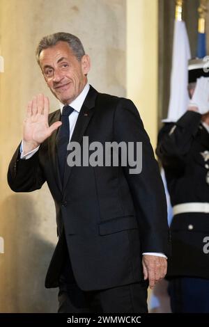 Paris, Frankreich. Februar 2024. Der ehemalige französische Präsident Nicolas Sarkozy trifft am 27. Februar 2024 im Elysee-Palast in Paris ein. Foto: Eliot Blondet/ABACAPRESS.COM Credit: Abaca Press/Alamy Live News Stockfoto