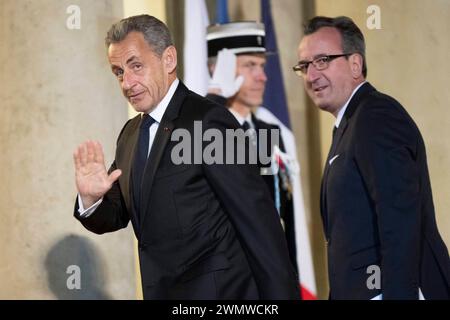 Paris, Frankreich. Februar 2024. Der ehemalige französische Präsident Nicolas Sarkozy trifft am 27. Februar 2024 im Elysee-Palast in Paris ein. Foto: Eliot Blondet/ABACAPRESS.COM Credit: Abaca Press/Alamy Live News Stockfoto