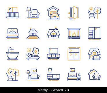 Symbole für Möbellinien. Balkon, Hausterrasse und Gartenliegestuhl. Vektor Stock Vektor