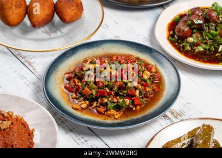 Vorspeisen-Sorten. Traditionelle türkische und arabische Köstlichkeiten. Verschiedene Mezze-Aromen auf weißem Holzhintergrund. Dolma, Muhammara, Artischocke mit Olive Stockfoto