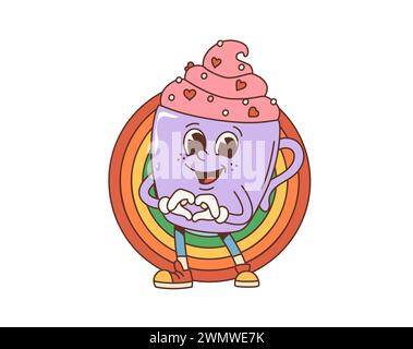 Groovige valentinskuchenfigur im Retro-Cartoon-Look mit Regenbogenkreis. Isolierte Vektorschale mit fröhlich strahlendem Lächeln und zuckernden Wirbeln, die Hände in einer Herzgeste bilden, die Liebe und Nostalgie ausstrahlt Stock Vektor