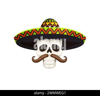 Mexikanischer Cinco de Mayo-Feiertagscharakter. Mariachi-Musiker-Schädel mit Sombrero und Schnurrbart. Vektor-Tag des toten Schädels, Dia de los muertos traditioneller Skelettkopf aus Kalaka für Feiertage Stock Vektor