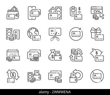 Symbole für Kreditkartenzeilen. Kartenterminal, Konkurs und kontaktloses Bezahlset. Vektor Stock Vektor