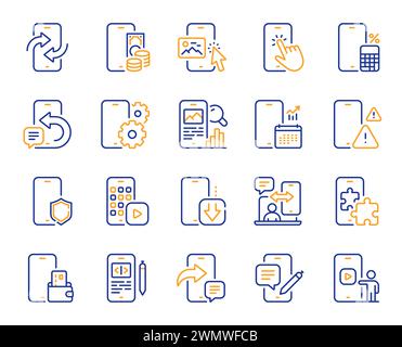 Zeilensymbole für mobile Apps. Smartphone-Gerät, Telefonbericht und App-Set herunterladen. Vektor Stock Vektor