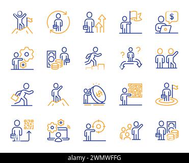 Zeilensymbole für Geschäftsleute. Führungsflagge, Personenkunst und Labyrinth gesetzt. Vektor Stock Vektor