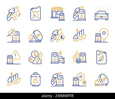 Symbole für Tankstellenlinien. Benzinkanister, Dieselkraftstoff und Gasflaschenset. Vektor Stock Vektor