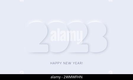 Neujahr 2023 Typografie-Design. Abbildung der neumorphen 2023 Zahlen. Zusammensetzung der minimalen Verlaufsformen. Vektor Stock Vektor