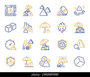 Zeilensymbole für Risikomanagement. Sicherheitsschirm, Eisberg-Bedrohung und Würfelspiel-Set. Vektor Stock Vektor