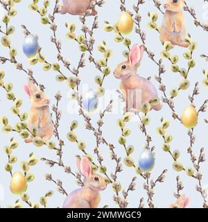 Nahtloses Aquarellmuster mit Weidenzweigen, Kaninchen und bunten Eiern. Handgemaltes Weidenholz isoliert auf weißem Hintergrund. Frühlingsillustratio Stockfoto