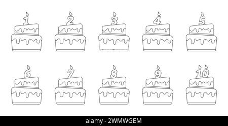 Eine Geburtstagskuche. Ein Set mit Kerzen in Form von Zahlen. Vektorabbildung auf weißem Hintergrund hervorgehoben. Flacher STYLE Stock Vektor