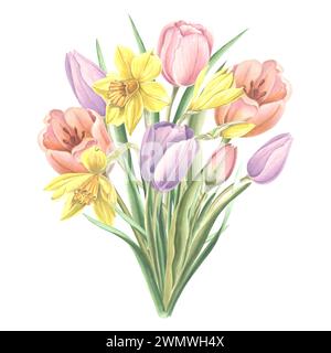 Tulpenstrauß und gelbe Narzissen. Isolierte Hand gezeichnet Aquarell Illustration Garten Frühling Blume Blumen Zeichnung Vorlage für Karte der Mütter d Stockfoto