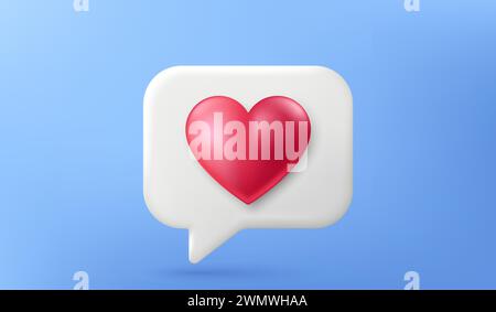 3D Liebes-Like-Symbol. Benachrichtigungs-Chat-Blase mit isoliertem Herzen auf blauem Hintergrund. Vektor Stock Vektor