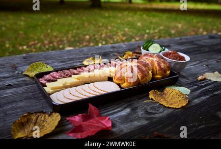 Herbstliches Picknickmenü mit Panini in Form von Kürbis, Käse und Salami. Essen umgeben von gefallenen Blättern im Herbst auf einer Holzbank. Köstliches Gericht Stockfoto