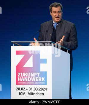 München, Deutschland. Februar 2024. Markus Söder (CSU), Ministerpräsident Bayerns, nimmt an der Eröffnung der Internationalen Handwerksmesse (ihn) Teil. Quelle: Sven Hoppe/dpa/Alamy Live News Stockfoto