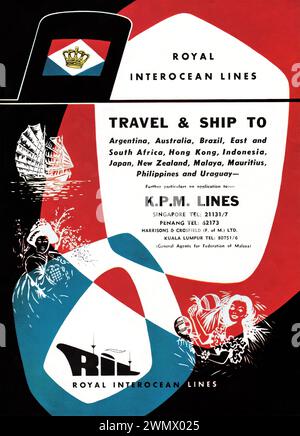 Royal Interocean Lines Werbespot erschien 1960 in der Straits Times Annual für Reisen und Schiffe in die ganze Welt. Stockfoto